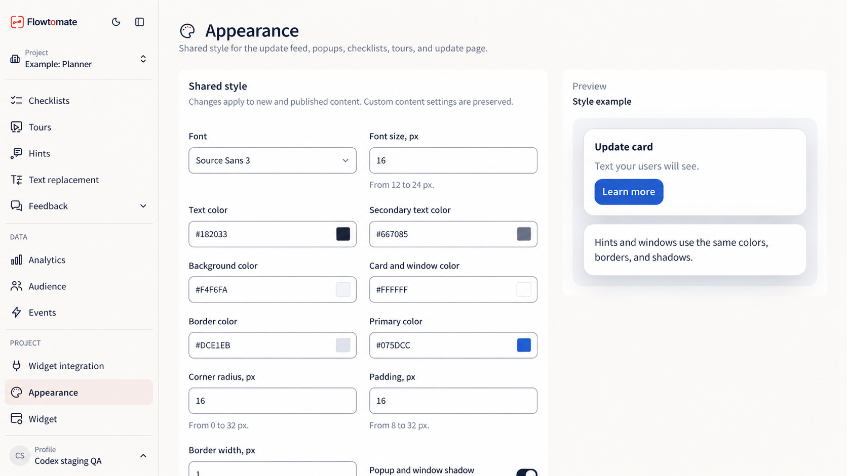 Shared color and font settings with an appearance preview