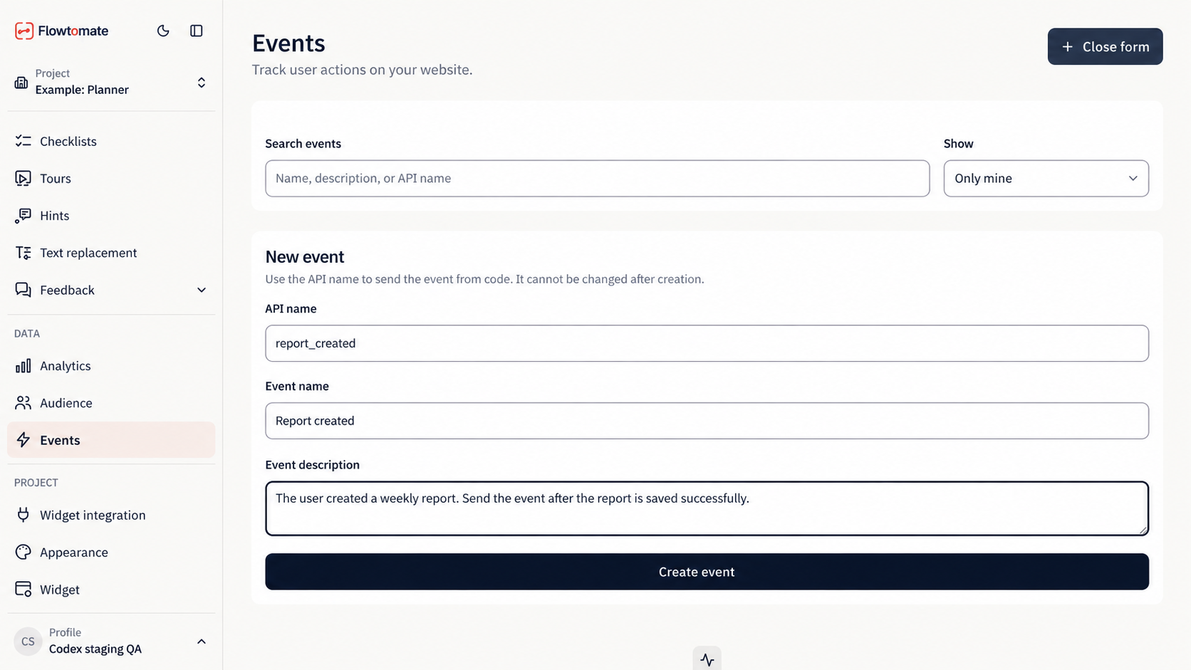Custom event creation form