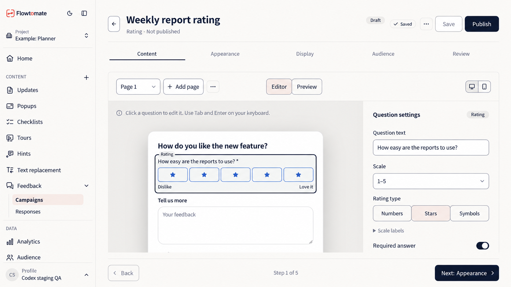 Saved rating campaign editor with live preview
