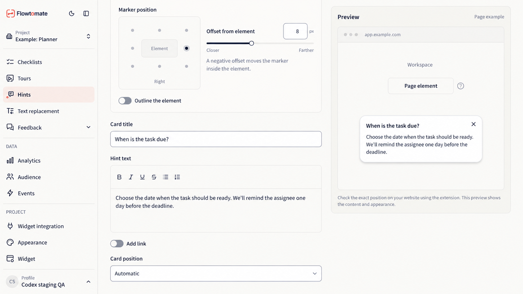 Hint draft editor with text and a preview