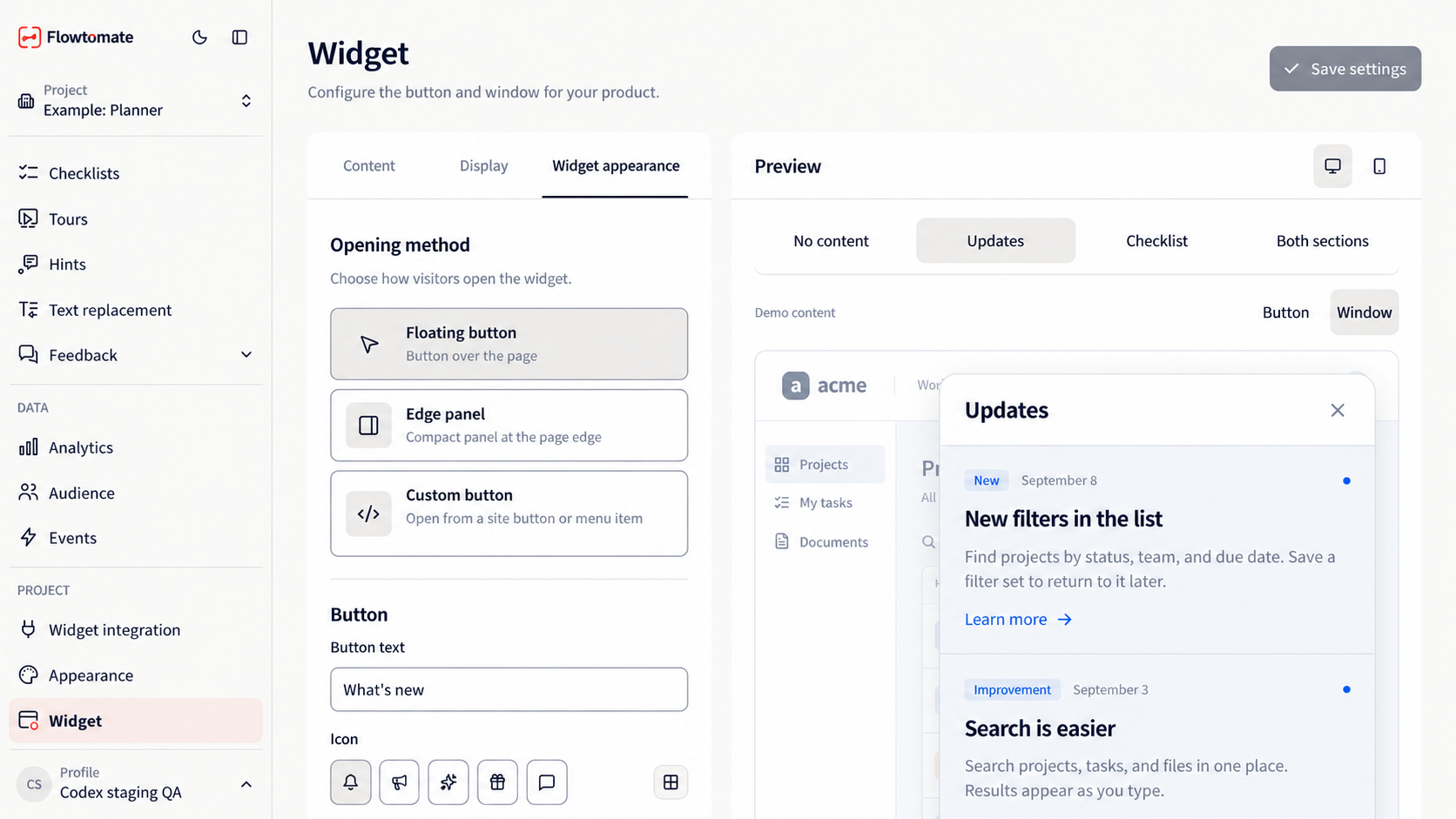 Widget layout settings and built-in sample preview